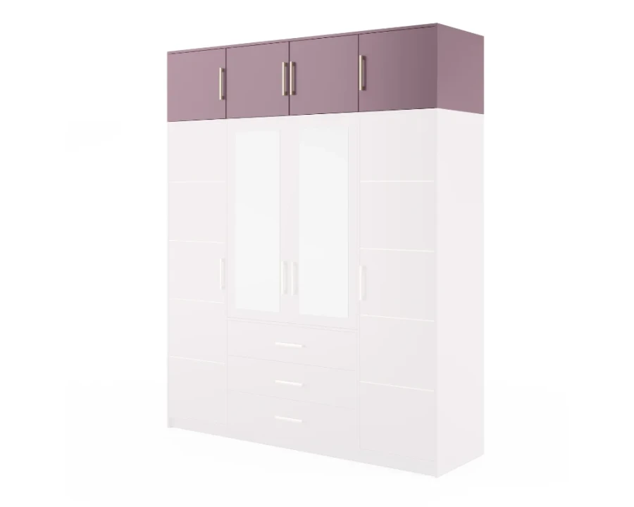 Großer Kleiderschrank in Weiß und Flieder mit vier Türen, zwei Spiegeln und drei Schubladen.