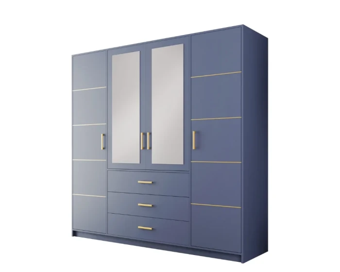 Moderner blauer Kleiderschrank mit goldenen Details, zwei Spiegeltüren und drei Schubladen.