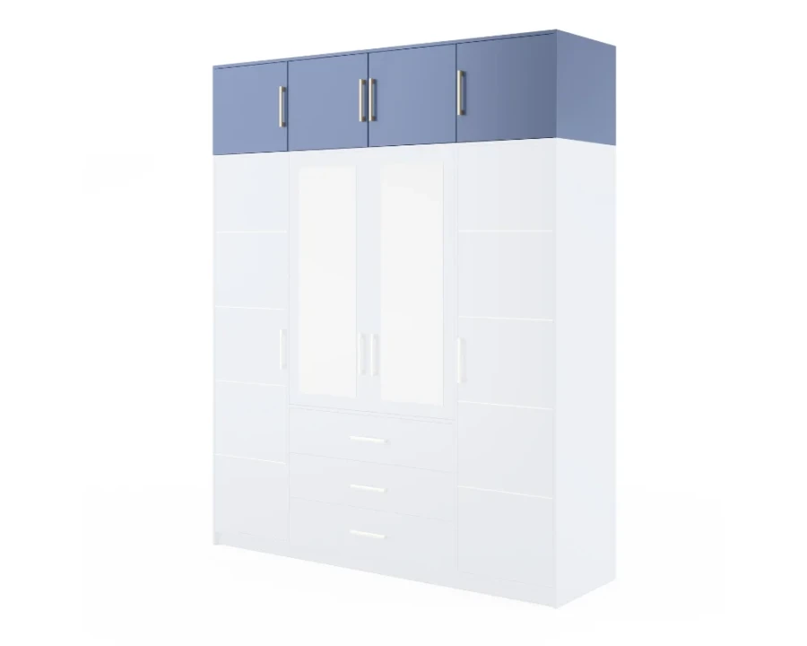 Weiß-blauer Kleiderschrank mit Spiegeltüren und praktischen Schubladen für das Schlafzimmer.