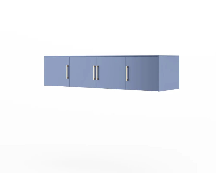 Blauer Hängeschrank mit vier Türen und minimalistischen goldenen Griffen für zusätzlichen Stauraum.