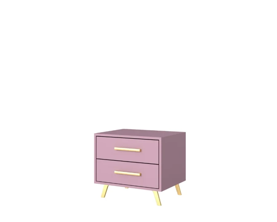 Elegant pink nightstand with two drawers and stylish golden legs.
