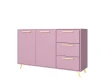 Rosa Sideboard mit drei Schubladen, zwei Türen und goldenen Füßen.