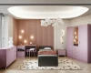 Modernes Jugendzimmer in Lila mit Kleiderschrank, Schreibtisch und grauem Bett.