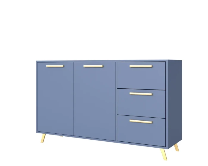 Stilvolles blaues Sideboard mit goldenen Griffen und drei Schubladen.