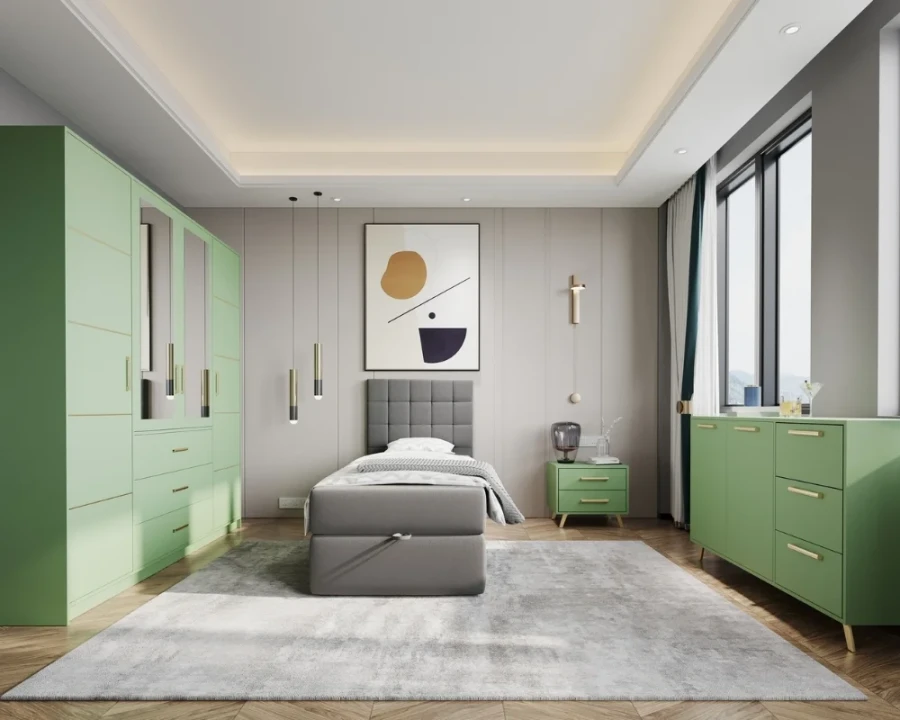 Modernes Schlafzimmer-Set in Mintgrün mit Kleiderschrank und Kommode.