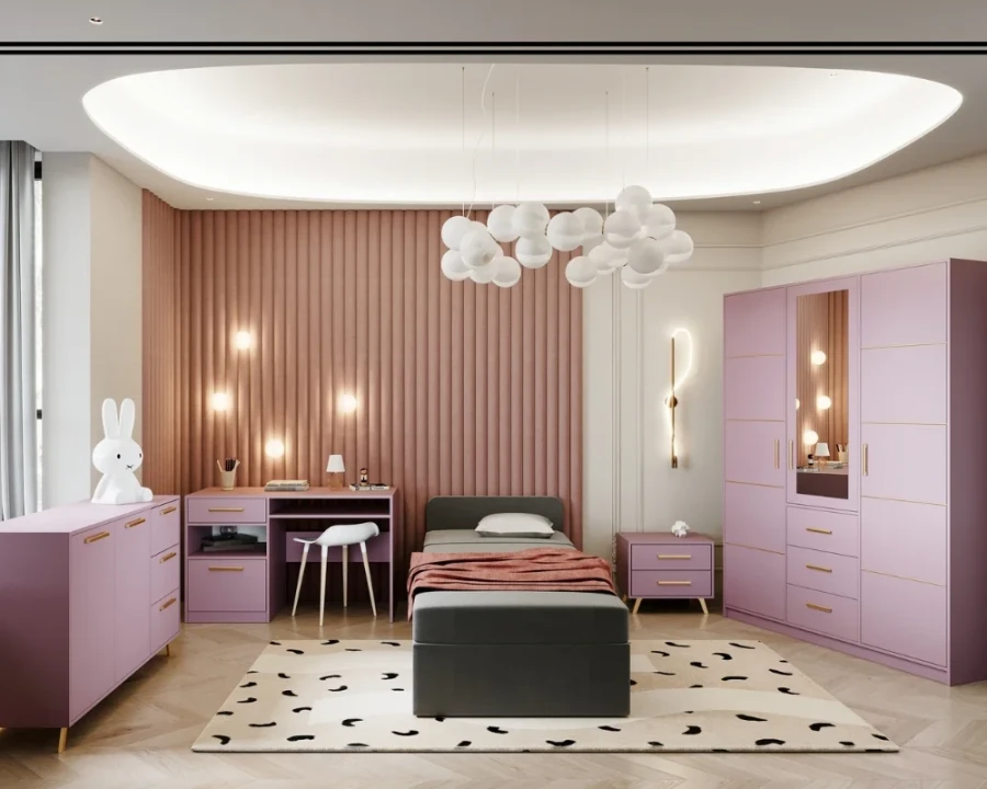 Modernes Kinderzimmer in Lila mit Bett, Schreibtisch und Kleiderschrank.