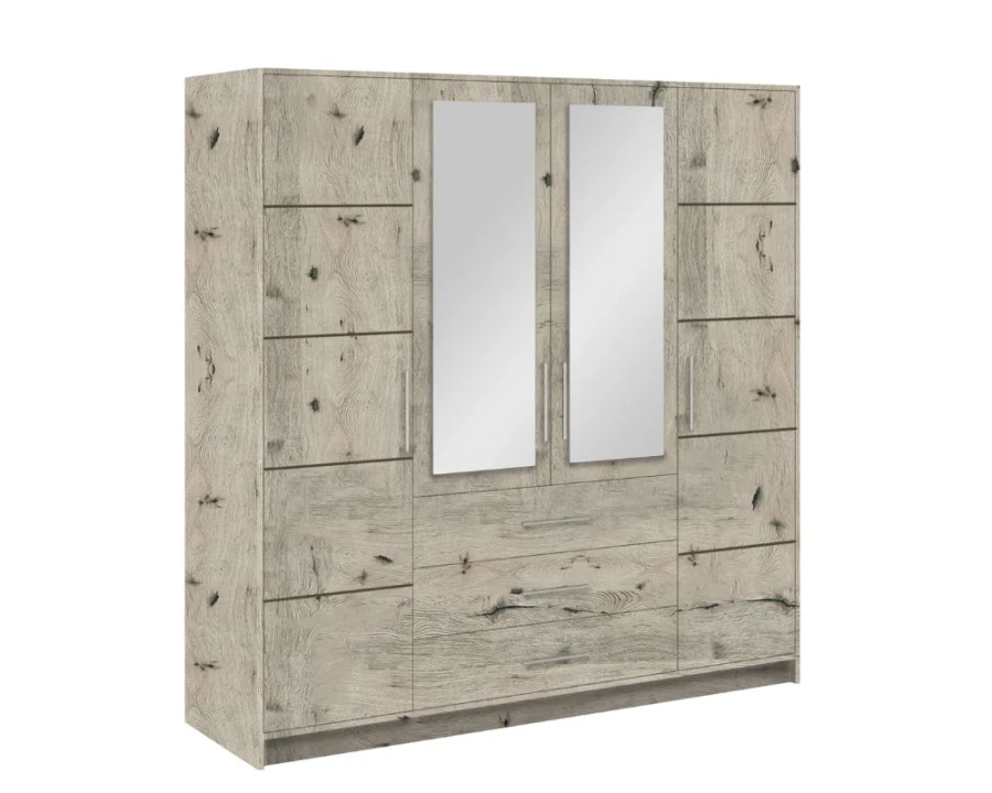 Großer Kleiderschrank in heller Holzoptik mit zwei Spiegeltüren und Schubladen.