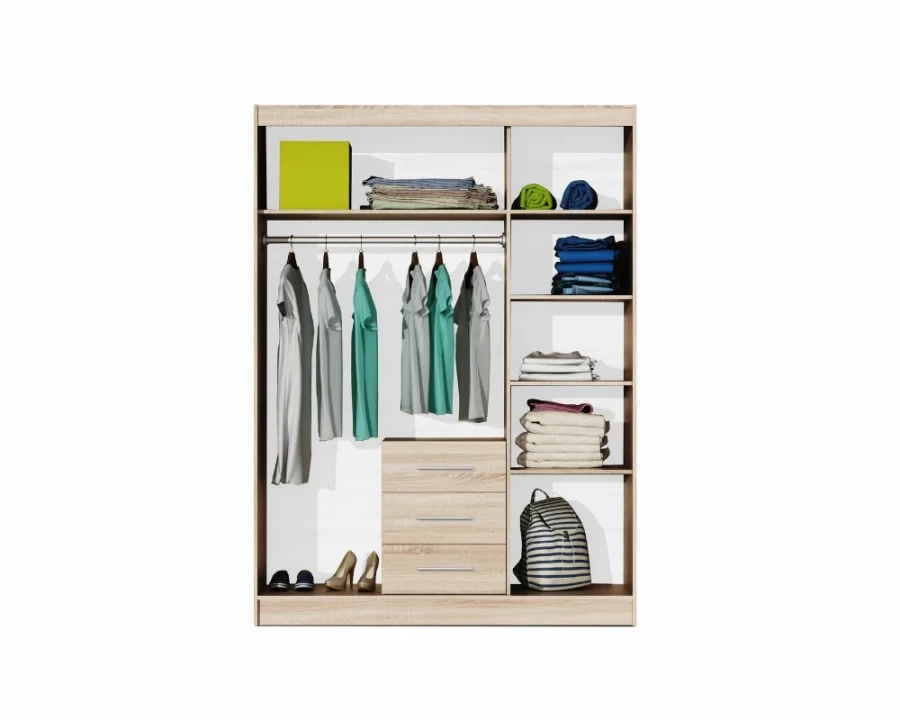 Interior view of a wardrobe with clothes rail, shelves and drawers.