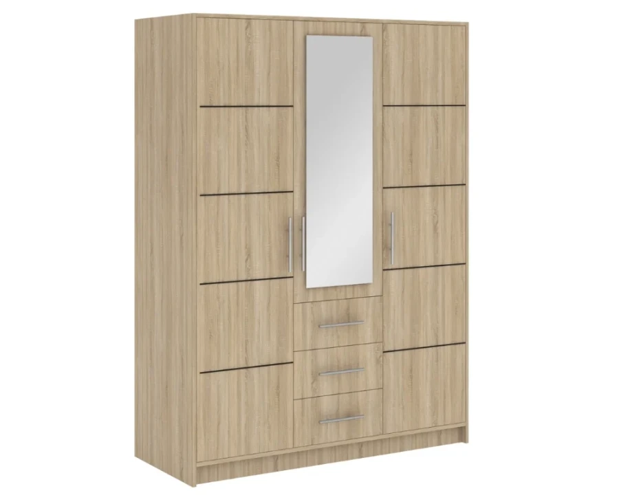 Kleiderschrank in Eiche-Optik mit Spiegel und drei praktischen Schubladen.