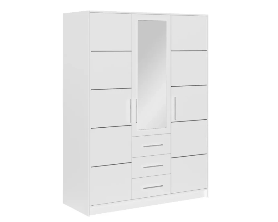 Modern white wardrobe with mirror and three drawers, 3-door.