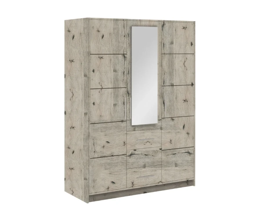 Dreitüriger Kleiderschrank in rustikaler Eiche-Optik mit Spiegel und drei Schubladen.