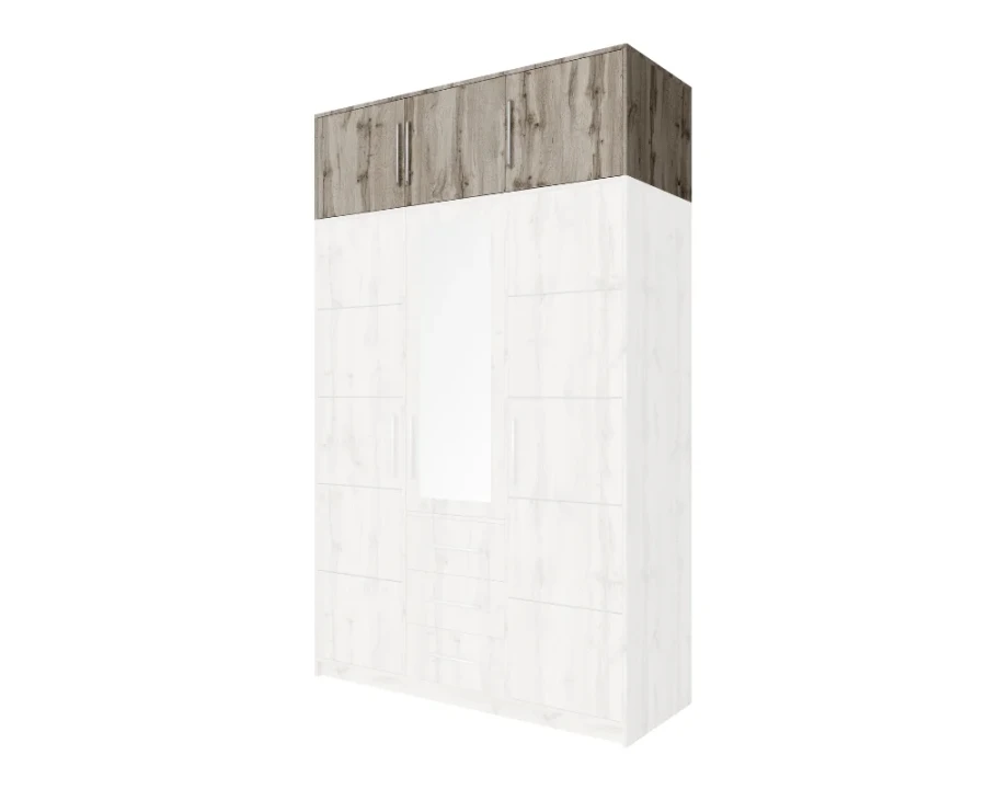 Weißer Kleiderschrank mit Spiegel und Aufsatzschrank in grauer Holzoptik.