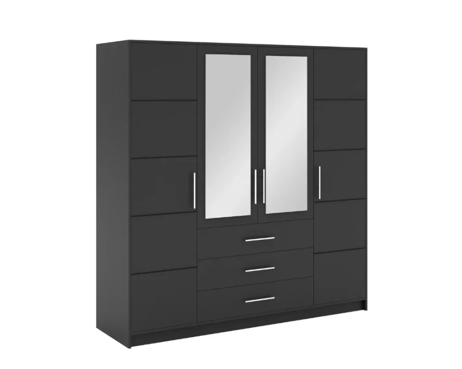 Four-door wardrobe in anthracite with two mirror doors and three drawers.