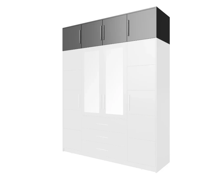 White 4-door wardrobe with two mirrors and anthracite-coloured top.