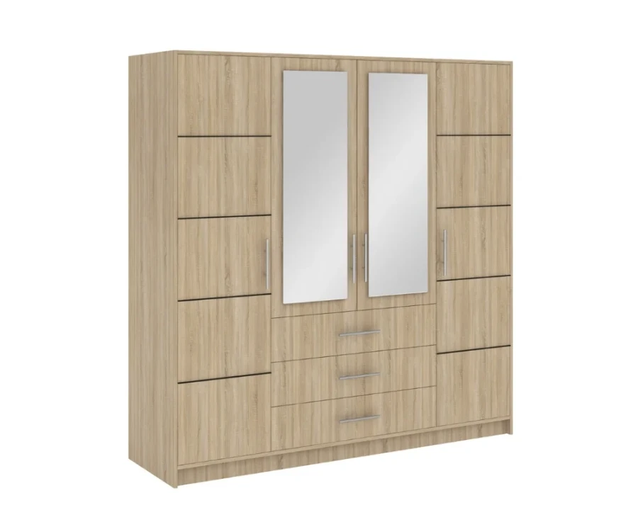 Großer Kleiderschrank in Sonoma Eiche mit 4 Türen, 2 Spiegeln und 3 Schubladen.