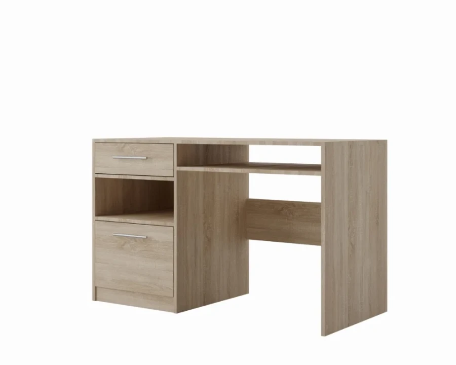 Schreibtisch in Holzoptik mit Schublade und offenem Fach für das Büro.