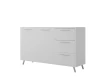Weißes Sideboard mit zwei Türen und drei Schubladen auf Metallfüßen.