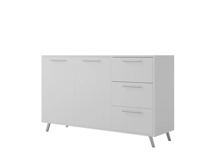 Weißes Sideboard mit zwei Türen und drei Schubladen auf Metallfüßen.