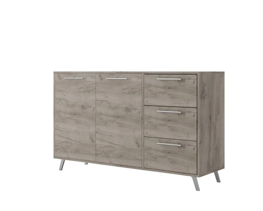 Sideboard in heller Holzoptik mit zwei Türen und drei Schubladen.