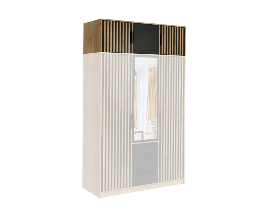 Aufsatzschrank in Eiche mit schwarzen Lamellen als praktische Erweiterung für Kleiderschränke.