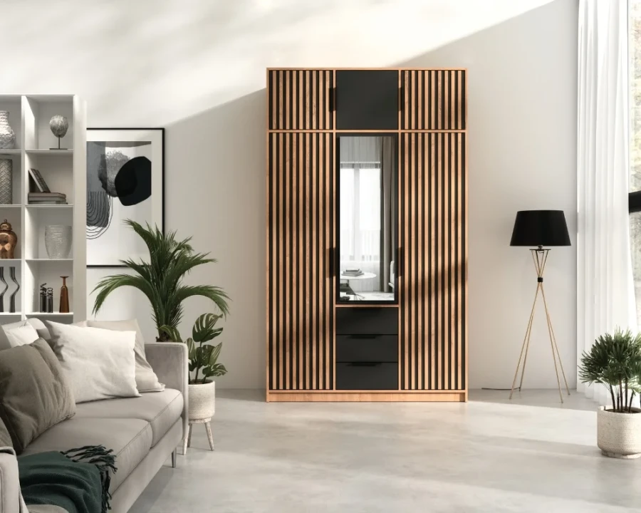 Moderner Kleiderschrank mit Aufsatz in Eiche und Schwarz im hellen Wohnambiente.