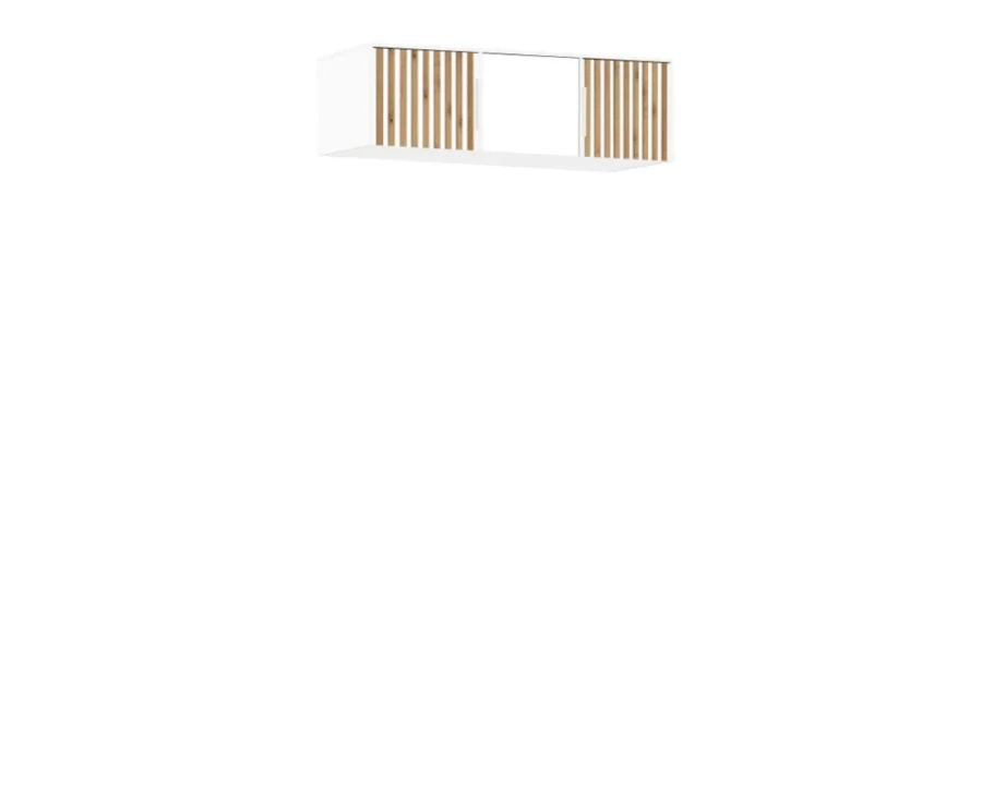 Wit opzetstuk voor de kast met houten lamellen in eiken als uitbreiding van opbergruimte.
