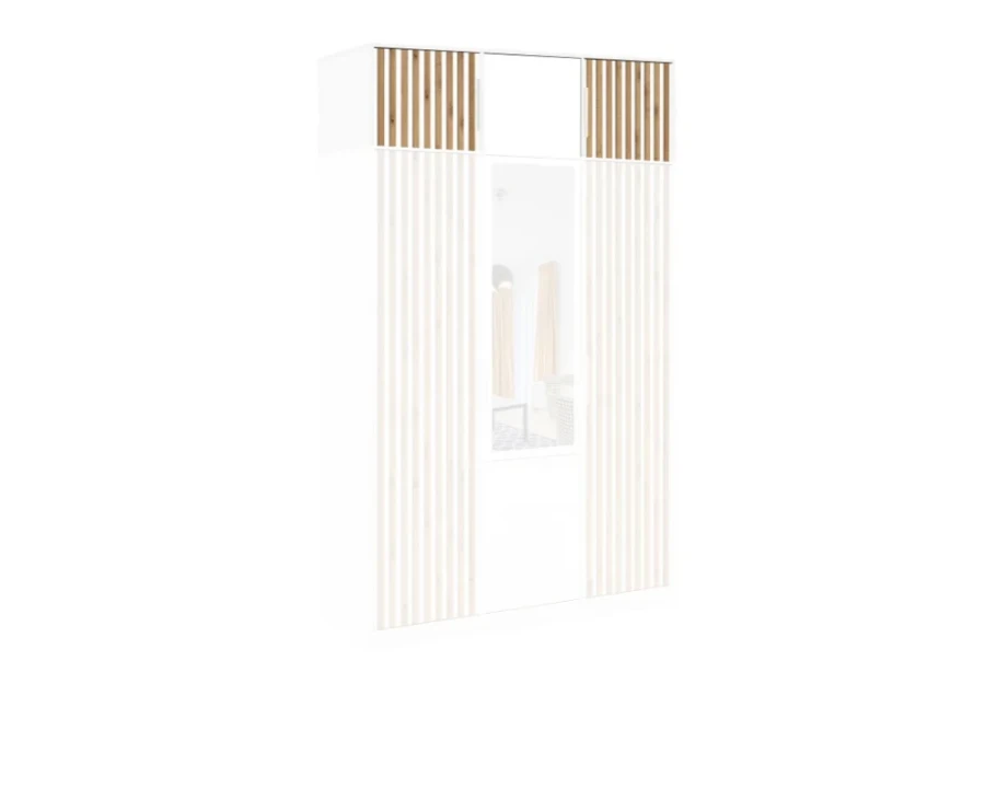 Modern white wardrobe with decorative wooden slats and central mirror.