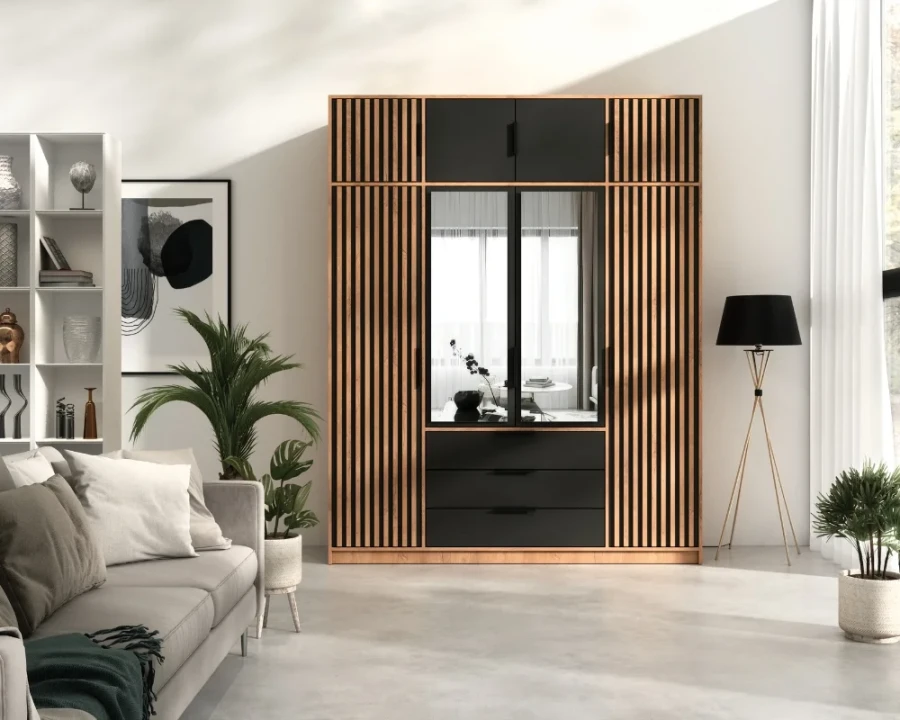 Wohnzimmereinrichtung mit großem Lamellen-Kleiderschrank inklusive Aufsatzschrank.
