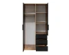Open wardrobe in oak look with black fronts, shelves and clothes rail.