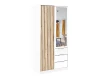 White wardrobe with mirror, wooden slat design and three white drawers.