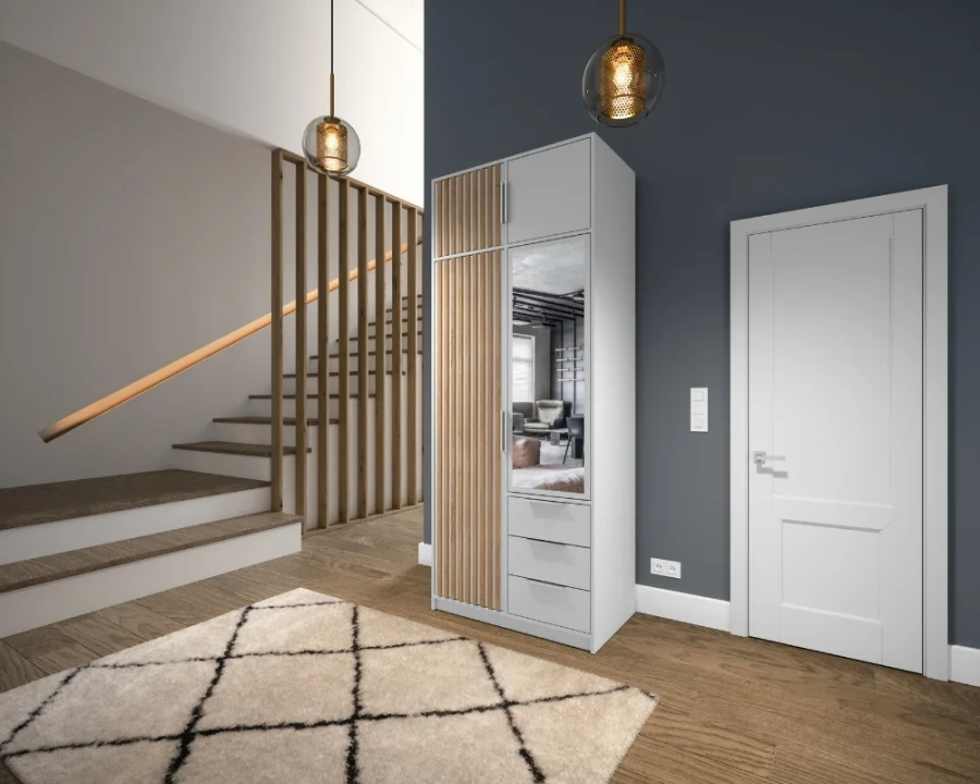 Moderner Flur mit weißem Spiegelschrank, Holzlamellen und stilvoller Einrichtung.