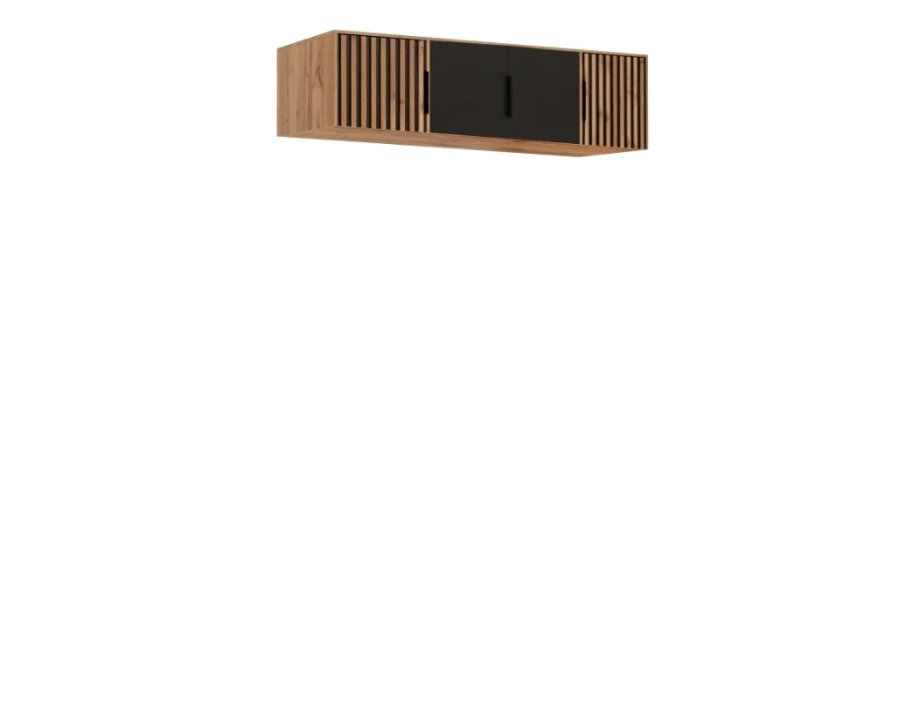 Hanging top cabinet in wood look with black doors and slat design.