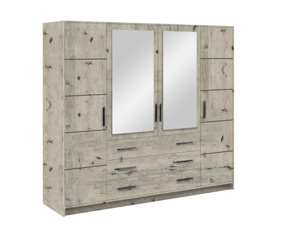 Großer Kleiderschrank in heller Eichenoptik mit zwei Spiegeln und schwarzen Griffen.