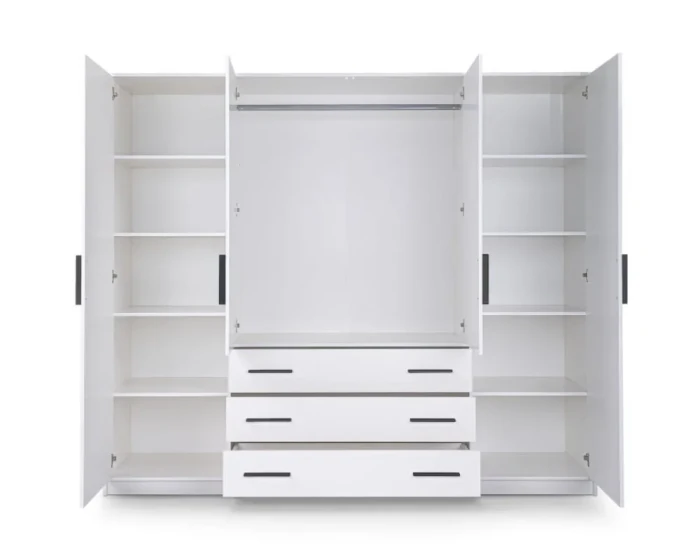 Innenansicht Kleiderschrank Weiß mit Kleiderstange, Regalböden und Schubladen