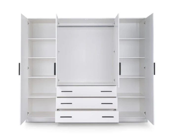 Interior view white wardrobe with clothes rail, shelves and drawers