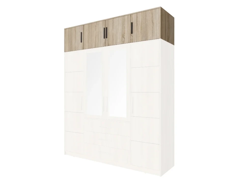 Moderner Kleiderschrank in Weiß mit Eiche-Aufsatz und zwei großen Spiegeltüren für viel Stauraum.