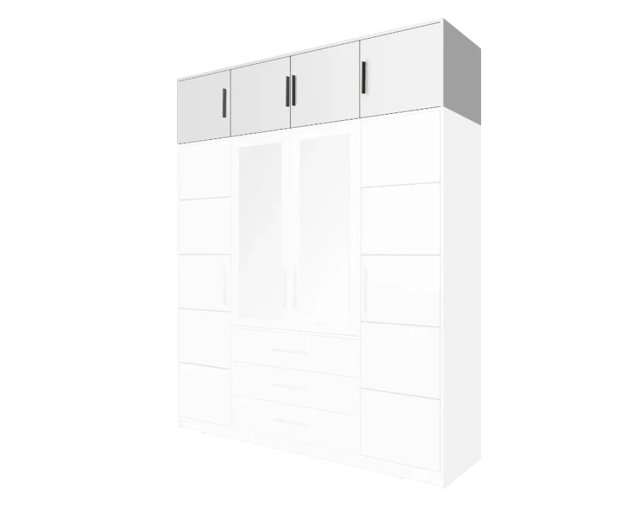 Weißer Schlafzimmerschrank mit passendem Aufsatz, Spiegeltüren und Schubfächern für optimale Organisation.