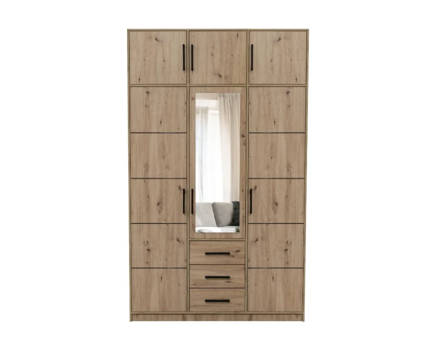 3-türiger Kleiderschrank in Eiche-Optik mit Spiegel, drei Schubladen und zusätzlichem Aufsatz.