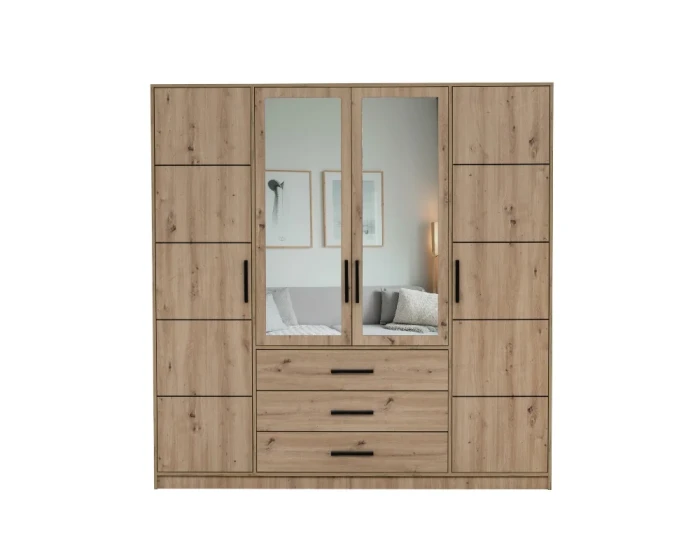 Viertüriger Kleiderschrank in Eiche-Optik mit zwei großen Spiegeltüren und drei Schubladen.