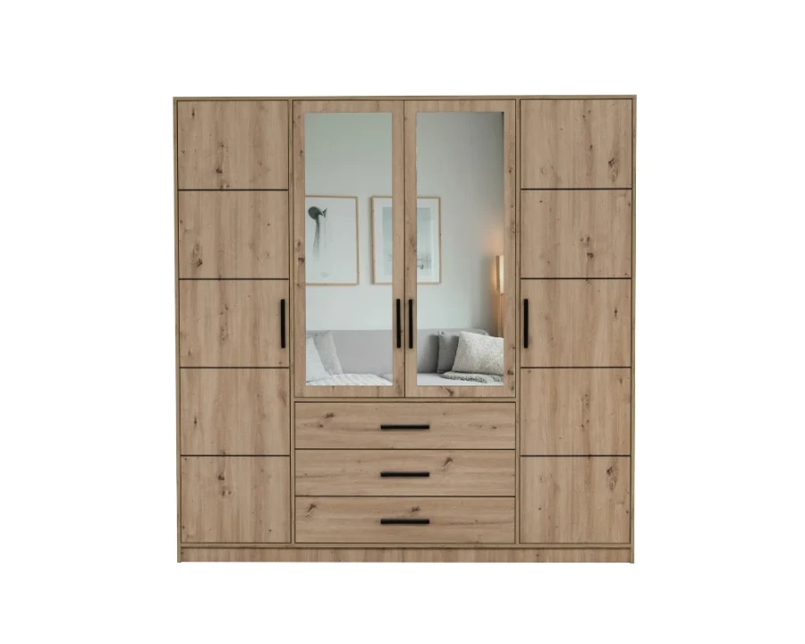 Four-door wardrobe in oak look with two large mirrored doors and three drawers.