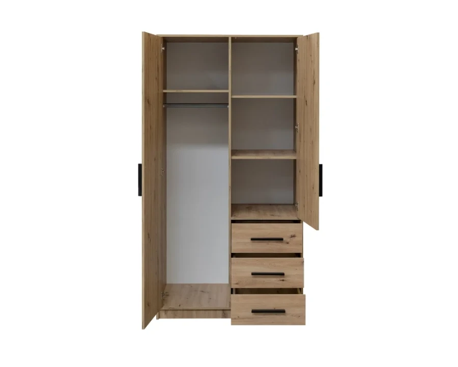 Interior view of a wardrobe in oak look with clothes rail, shelves and three drawers.