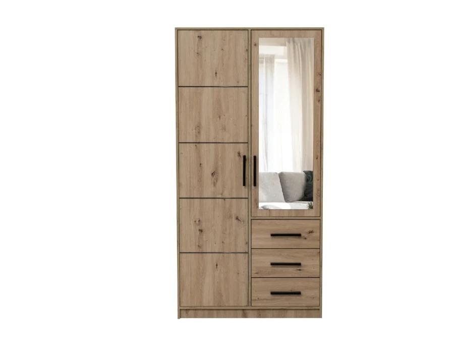 Two-door wardrobe in oak look with mirror and three drawers