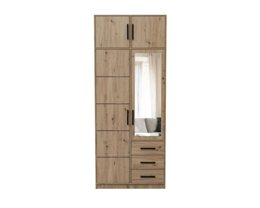 Kleiderschrank-Set mit Aufsatz, Spiegel und Schubfächern in Eiche-Dekor