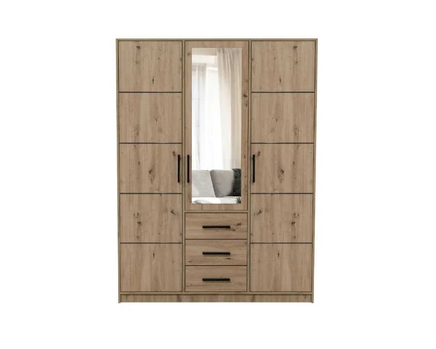 Dreitüriger Kleiderschrank mit Spiegeltür und drei Schubladen in Eiche