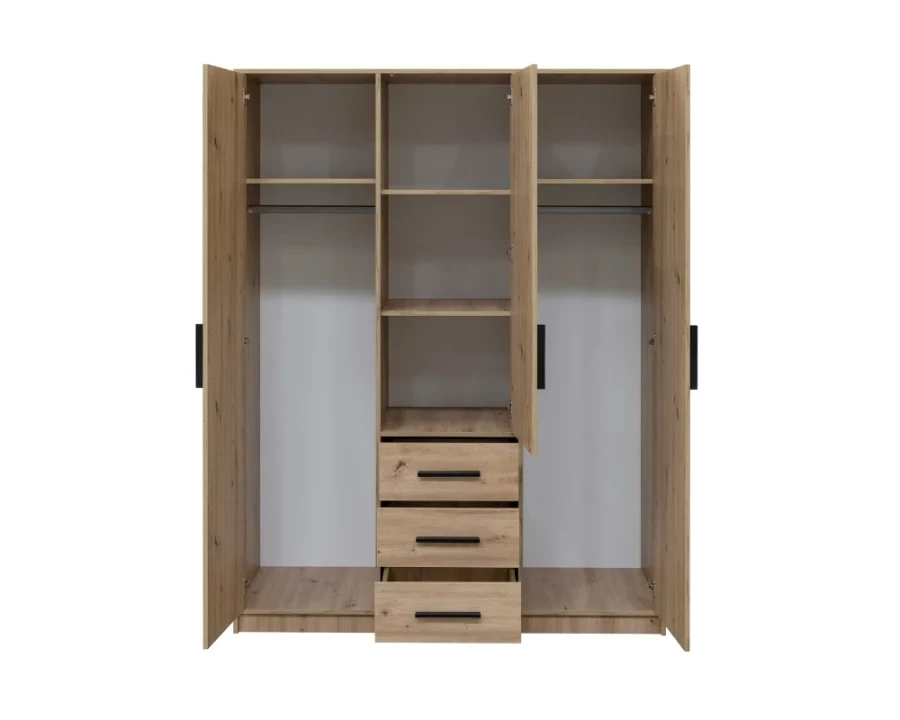 Offener Kleiderschrank in Eiche-Optik mit Kleiderstangen, Regalböden und drei Schubladen für viel Stauraum.