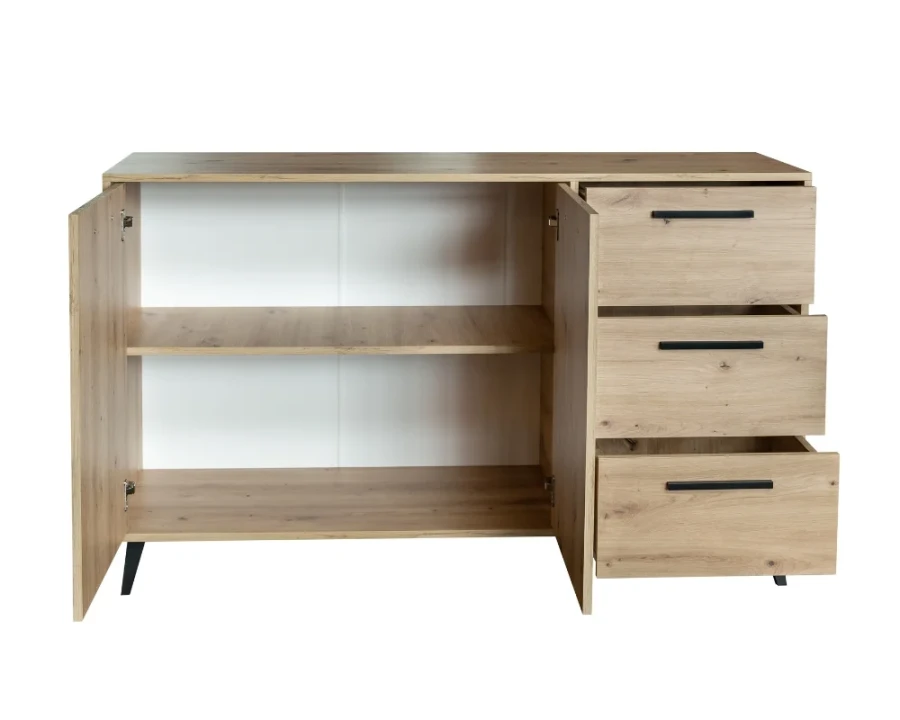 Open commode in eiken-reproductie met legplank en drie uitgetrokken laden voor orde.