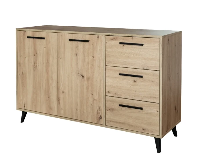 Sideboard in Eichenoptik mit 2 Türen und 3 Schubladen, schwarze Griffe und Füße