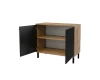 Opened sideboard in oak and black with practical storage compartment inside.