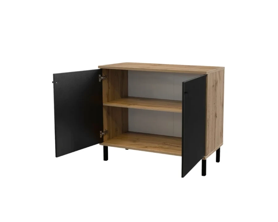 Geöffnetes Sideboard in Eiche und Schwarz mit praktischem Ablagefach innen.