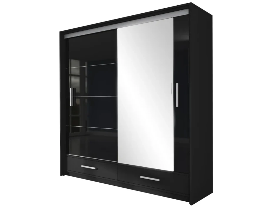 Moderner Schwebetürenschrank in Schwarz mit Spiegel und zwei Schubladen für das Schlafzimmer.